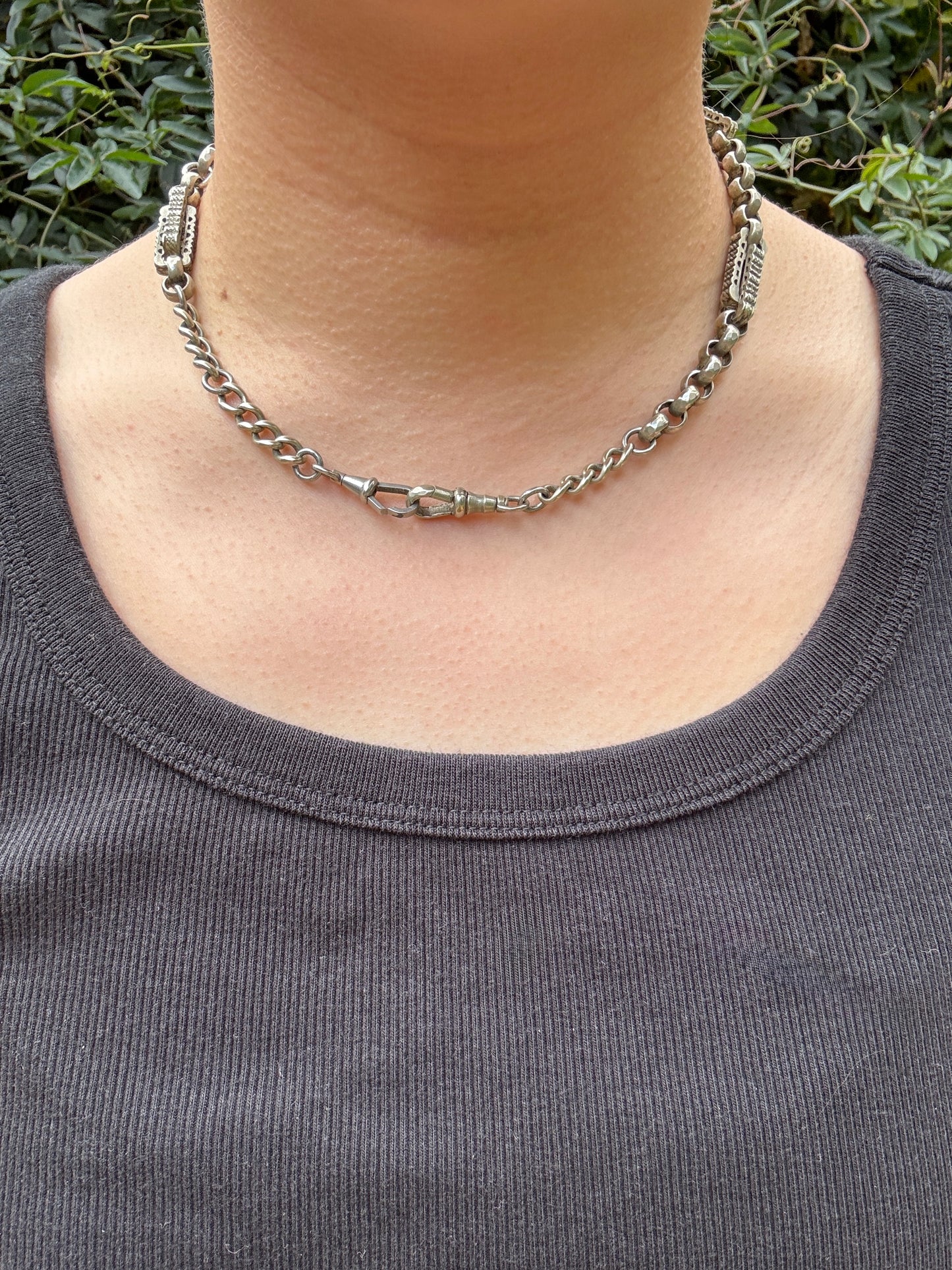 Antique albo silver fancy link chain with dog clips, 42cm / 16.54 inches long