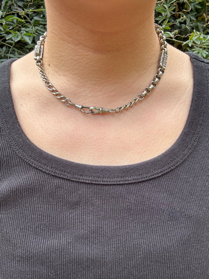 Antique albo silver fancy link chain with dog clips, 42cm / 16.54 inches long