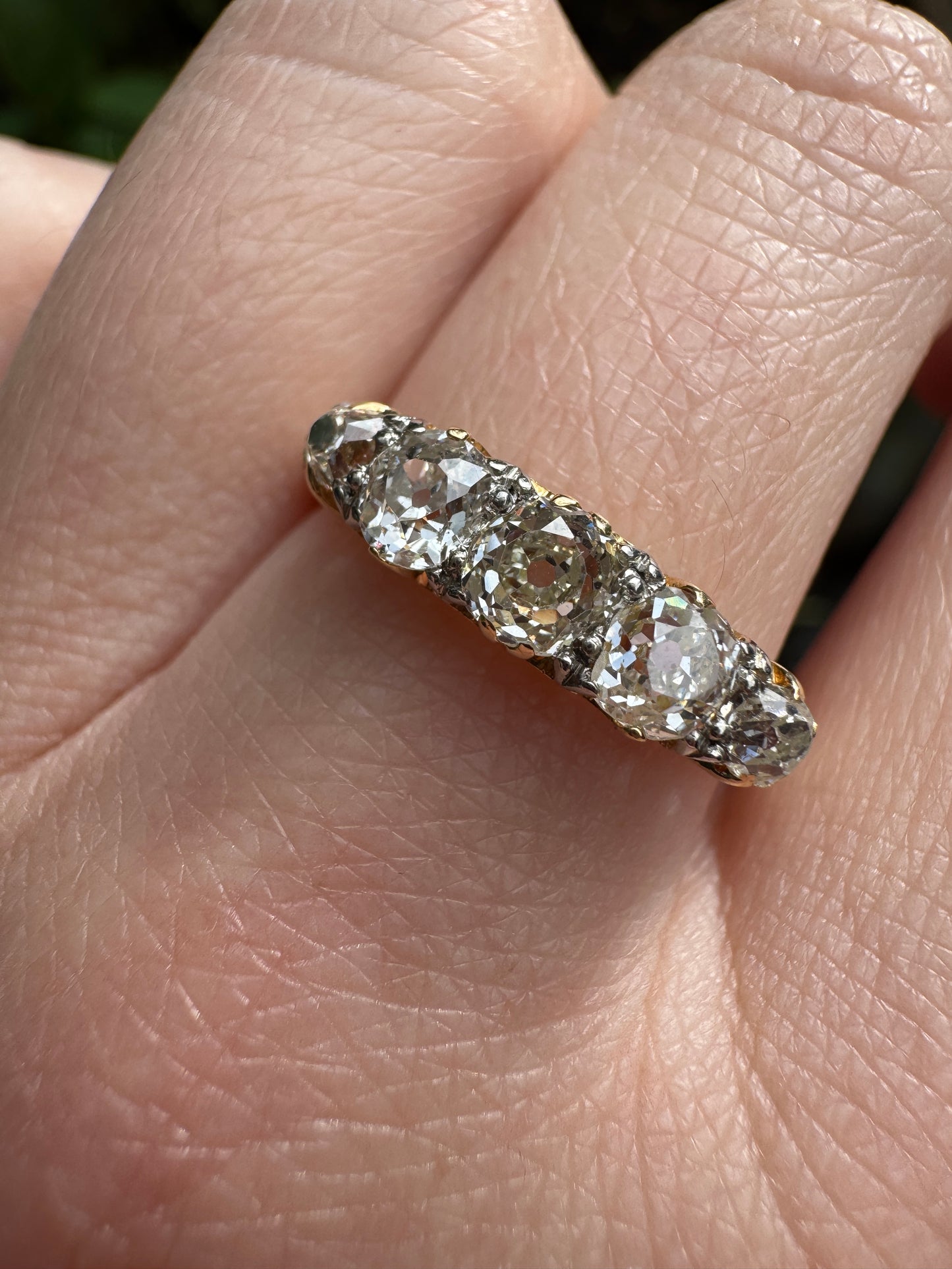 Antique 18ct gold old mine cut diamond five stone ring