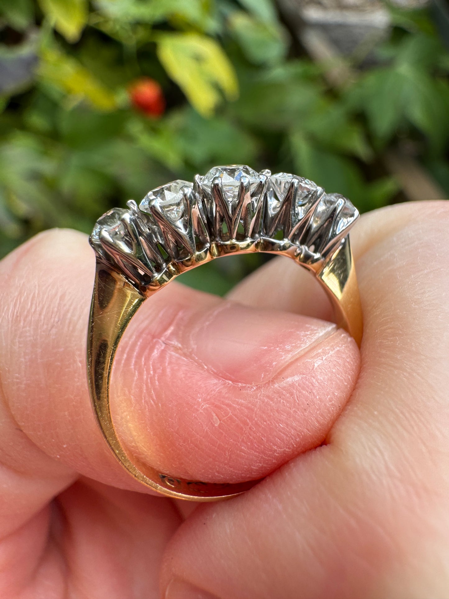Antique English 18ct gold old cut diamond five stone ring