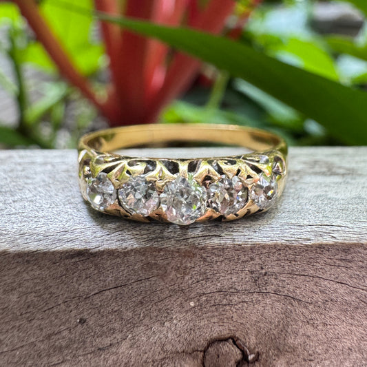 Antique Australian 18ct yellow gold five stone 0.42ct TCW old mine cut diamond ring