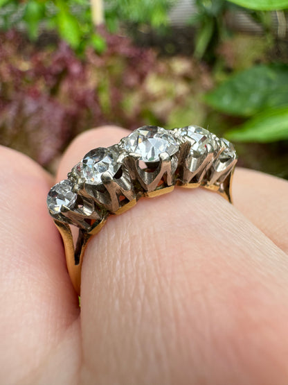 Vintage 18ct yellow gold five stone 1.5ct TCW old mine cut diamond ring