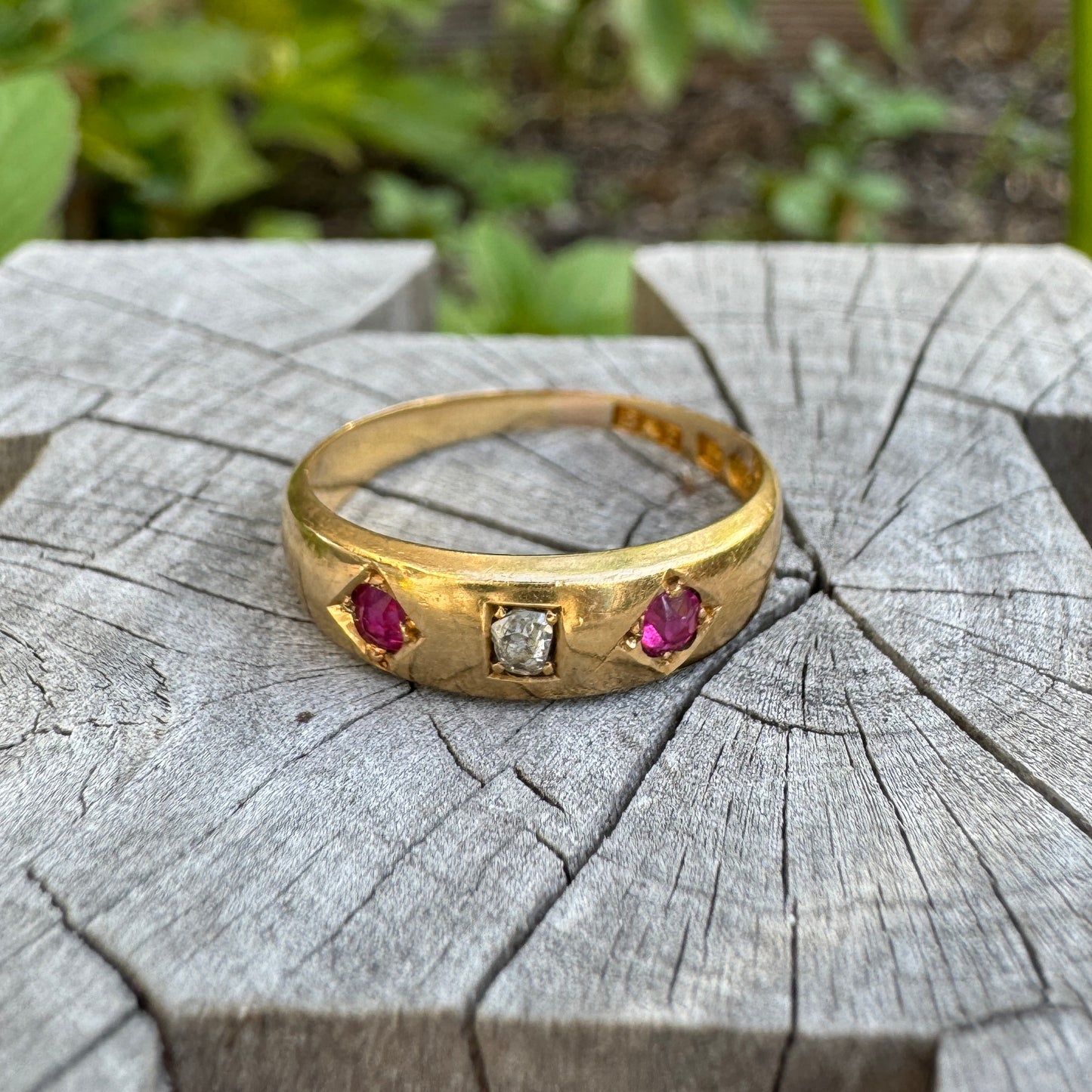 Antique Victorian 18ct yellow gold rose cut diamond and cushion cut ruby gypsy ring
