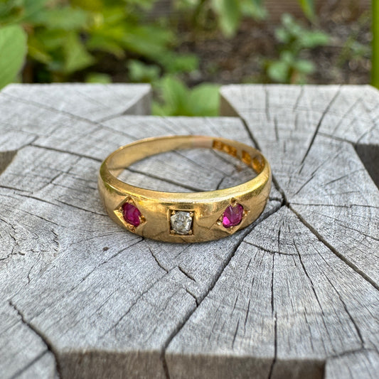 Antique Victorian 18ct yellow gold rose cut diamond and cushion cut ruby gypsy ring