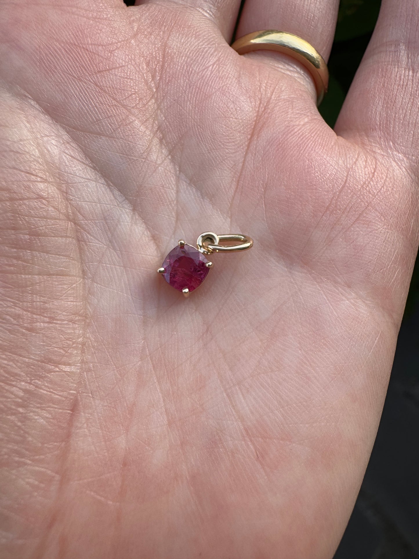 Custom 9ct yellow gold 0.83ct cushion cut ruby claw set pendant