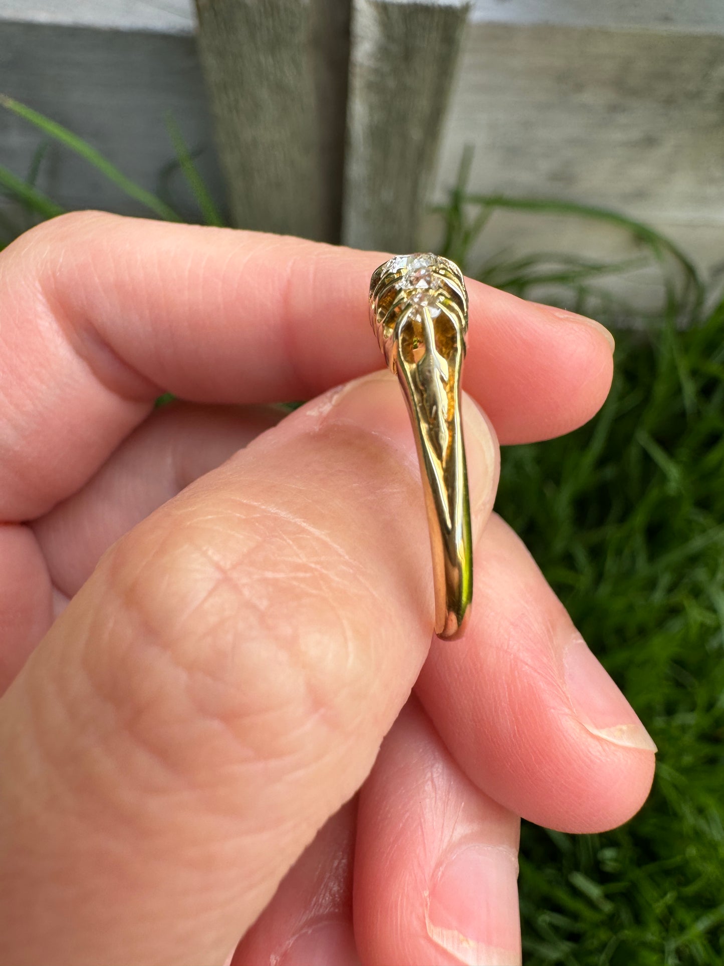 Vintage 18ct yellow gold five stone 0.44ct TCW old mine cut diamond boat ring