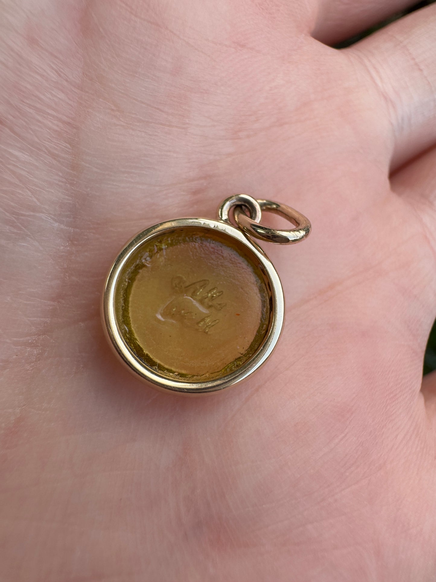Custom handmade recycled 9ct yellow gold 'All's well' antique paste fob seal bezel set pendant