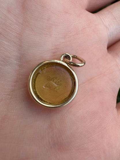 Custom handmade recycled 9ct yellow gold 'All's well' antique paste fob seal bezel set pendant