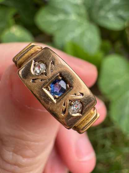 Antique Australian 15ct rosy yellow gold natural sapphire and old single cut diamond gypsy ring