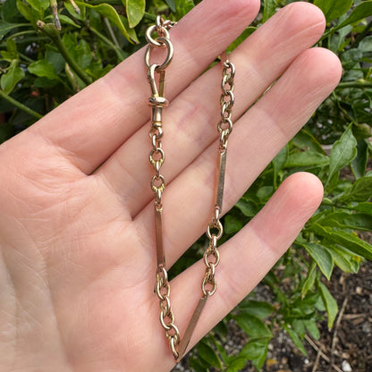 Antique 9ct rosy yellow gold bar and chain bracelet/extender with dog clip