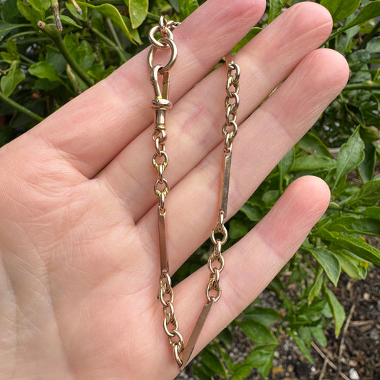 Antique 9ct rosy yellow gold bar and chain bracelet/extender with dog clip