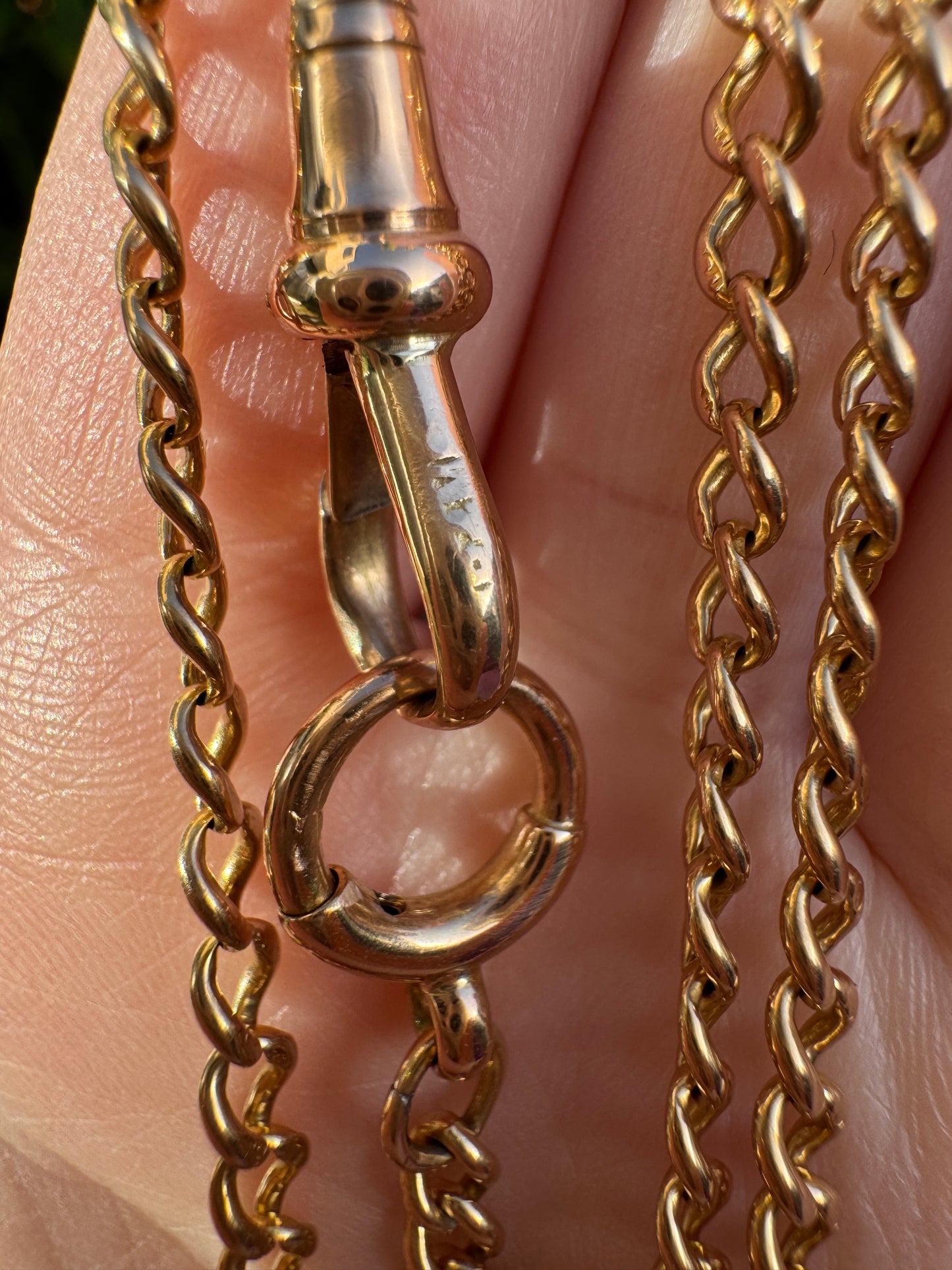Antique 15ct yellow gold curb link watch chain with dog clip, 53.5cm / 21.06 inches long