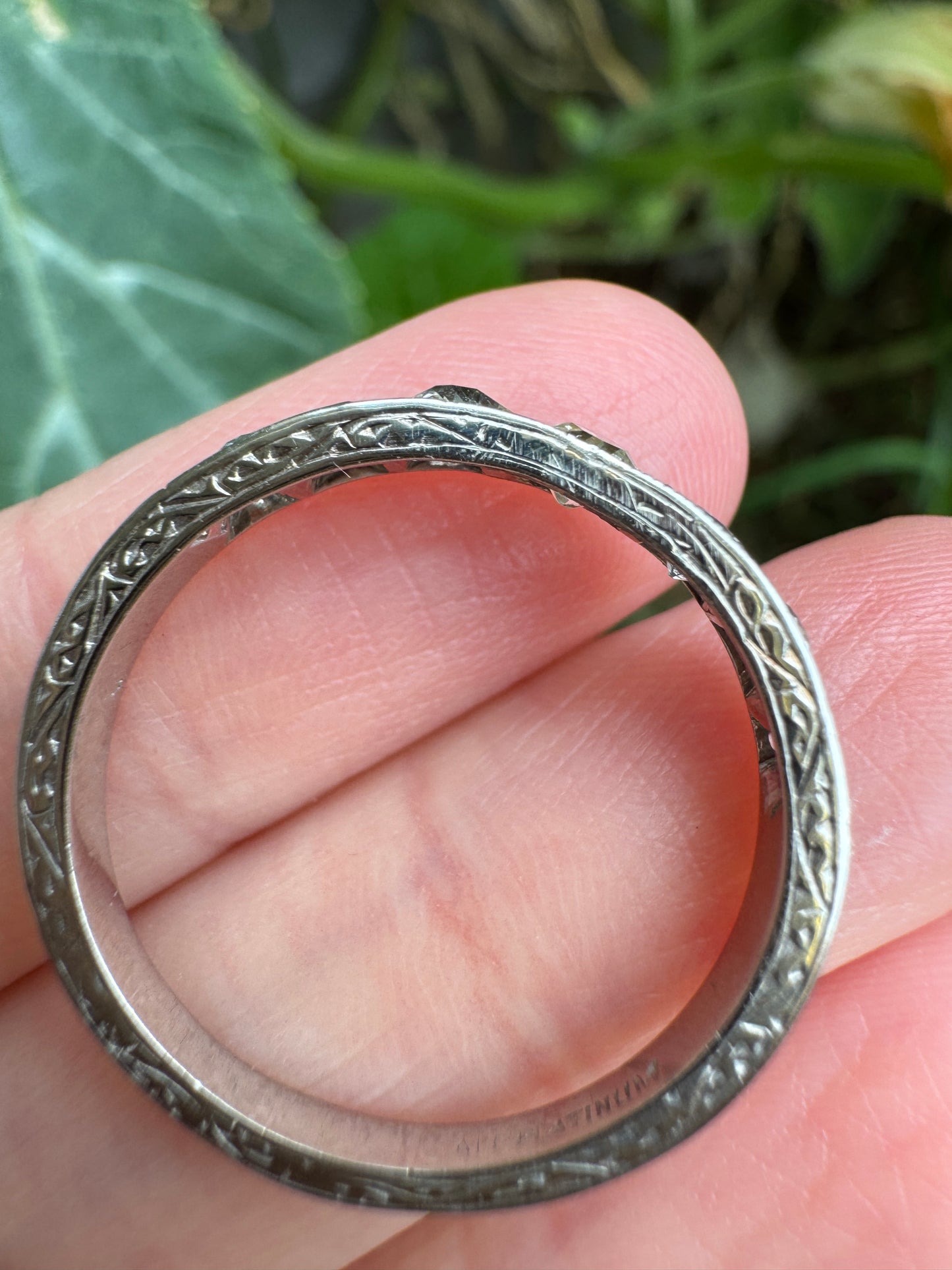 Vintage platinum 0.7ct TCW old mine cut diamond engraved half eternity ring