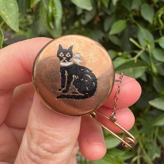 Antique 9ct rose gold enamel cat brooch with safety chain
