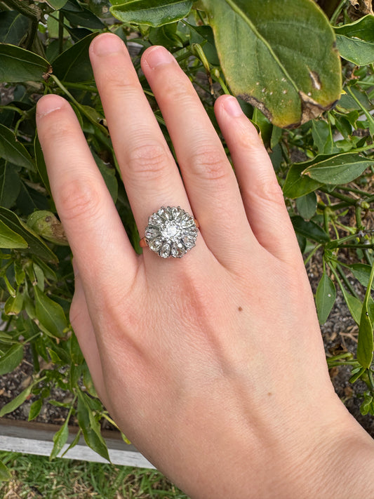 Vintage 14ct yellow gold and platinum 3.4ct TCW old pear cut and old mine cut diamond cluster ring