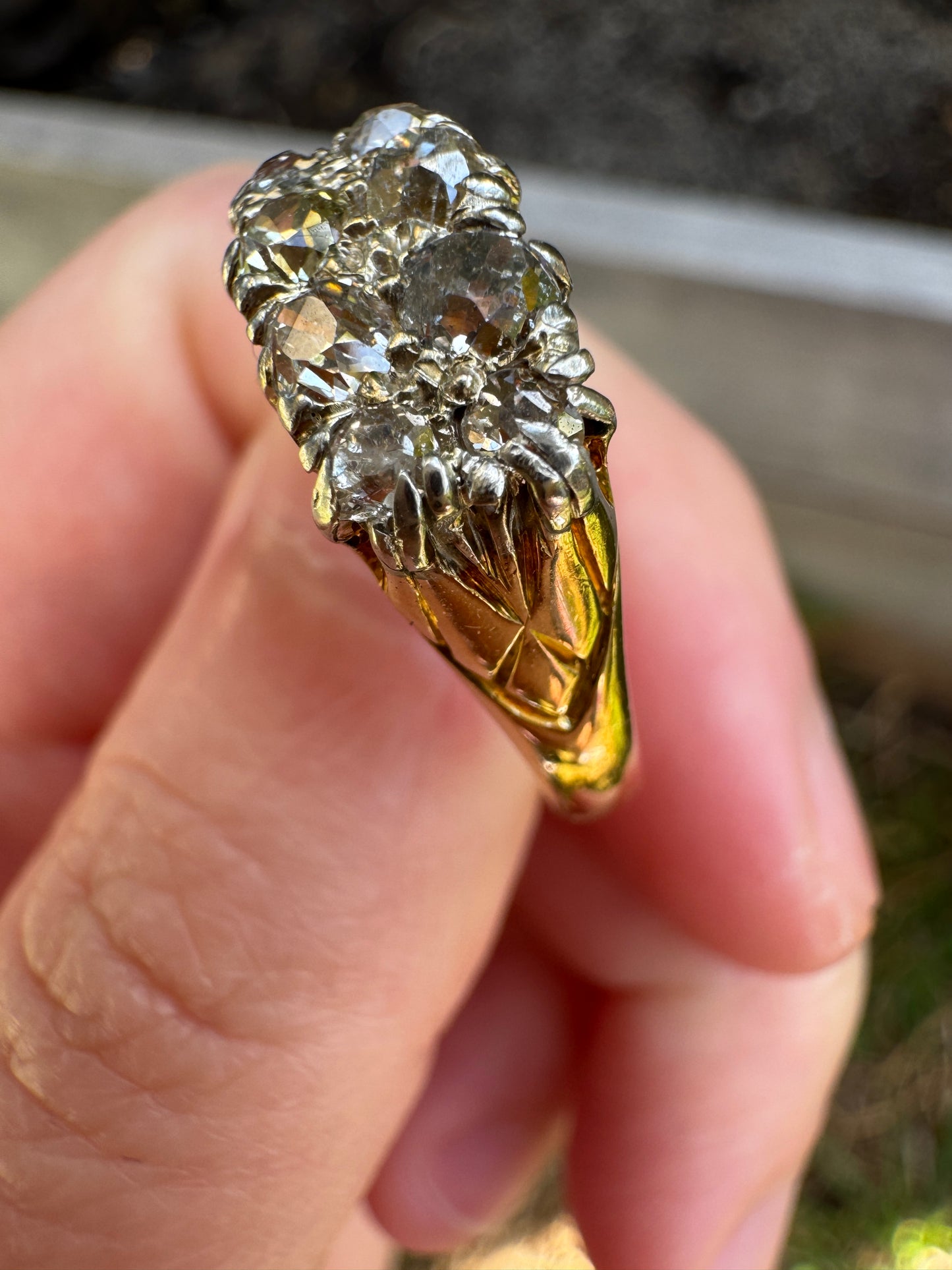 Antique 18ct yellow gold and platinum 1.1ct TCW old mine cut diamond double row ring