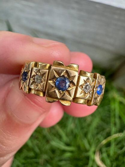 Vintage 18ct yellow gold five stone old cut sapphire and diamond starset gypsy ring