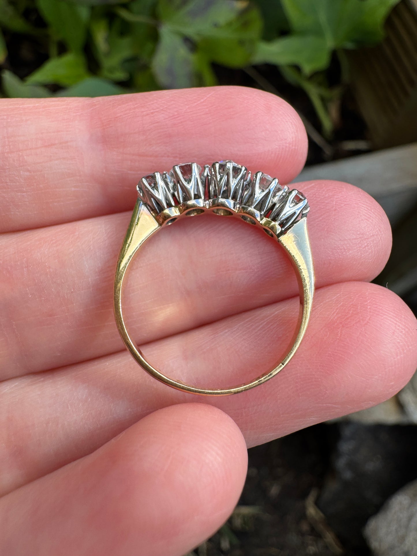 Antique English 18ct gold old cut diamond five stone ring