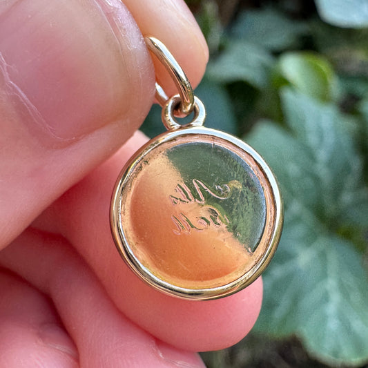 Custom handmade recycled 9ct yellow gold 'All's well' antique paste fob seal bezel set pendant