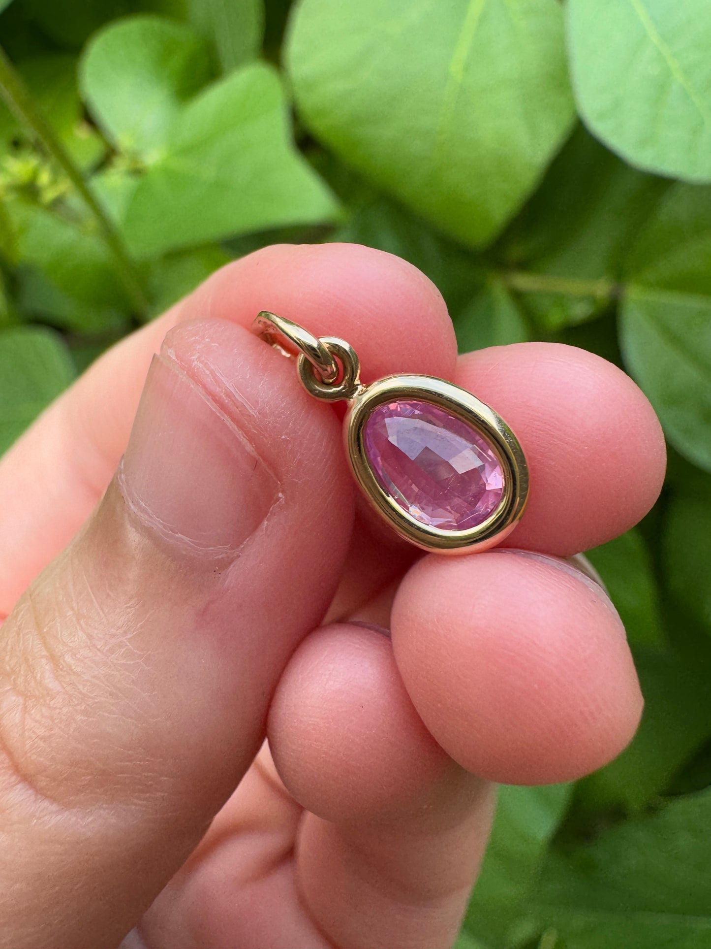 Custom 9ct yellow gold 0.8ct pear cut pink sapphire bezel set pendant