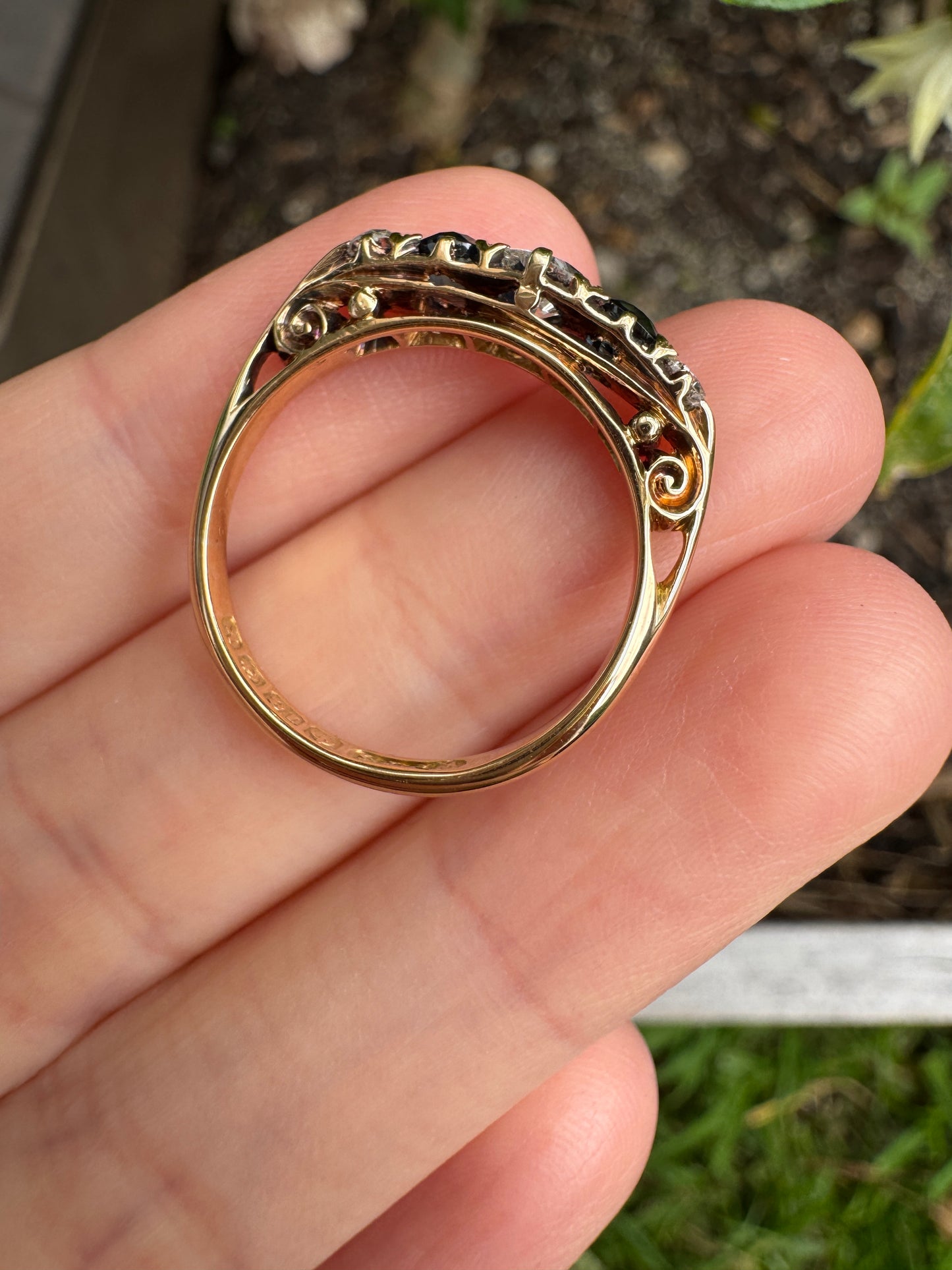 Antique Edwardian English 18ct yellow gold five stone 0.45ct TCW old European cut diamond and 0.42ct TCW sapphire ring