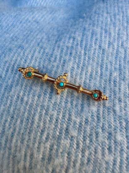 Vintage 9ct yellow gold turquoise cabochon bar brooch/chain extender