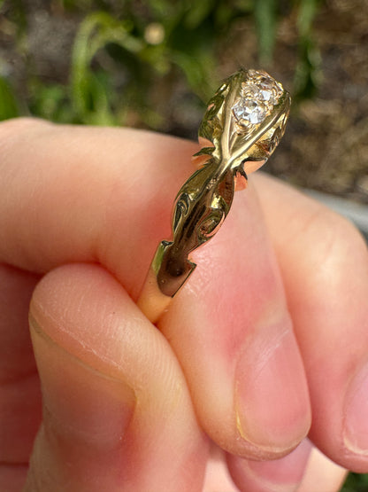 Antique English Edwardian 18ct yellow gold five stone 0.22ct TCW old mine cut diamond boat ring