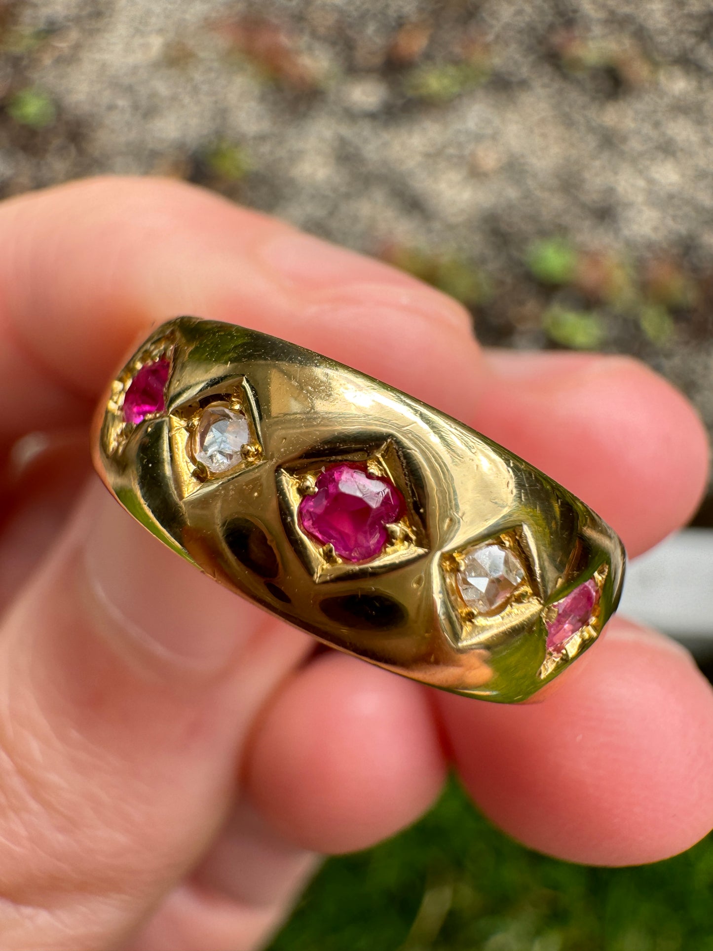 Antique 18ct yellow gold five stone rose cut diamond and pink sapphire gypsy ring