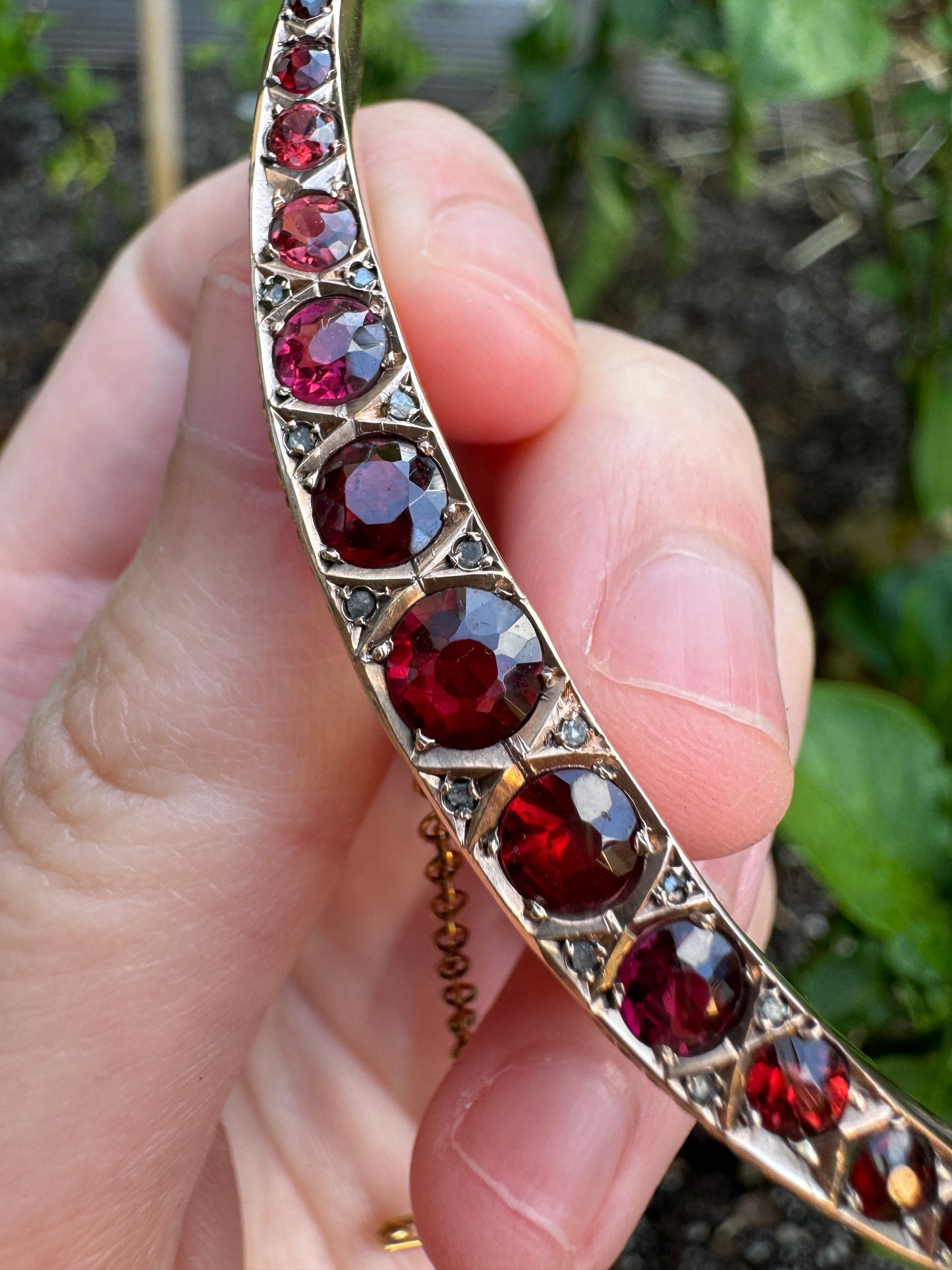Antique 9ct rose gold 2.25ct TCW garnet and rose cut diamond crescent moon brooch
