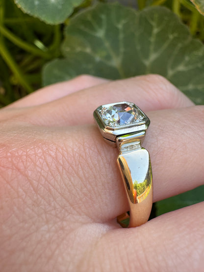 Vintage Mid Century English 9ct yellow and white gold 0.91ct old mine cut diamond signet ring