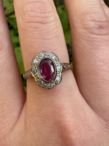 Vintage 18ct yellow gold 0.55ct pink sapphire and single cut diamond cluster ring