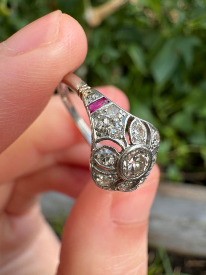 Antique platinum 0.17ct old mine cut and 0.12ct TCW old single cut diamond ring with accent ruby cabochons