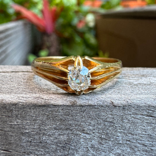 Antique 18ct yellow gold 0.34ct old mine cut diamond belcher solitaire ring