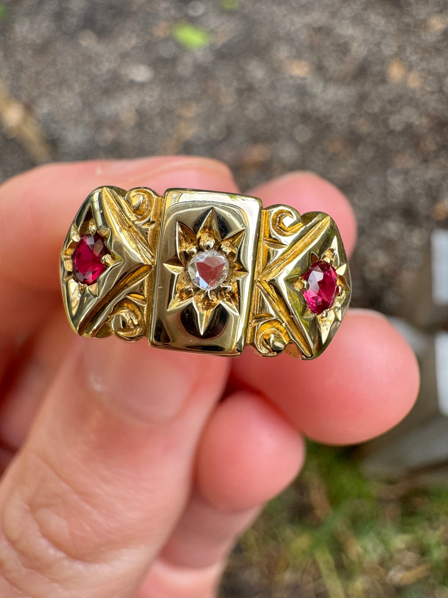 Antique Australian 15ct yellow gold rose cut diamond and ruby starset gypsy ring