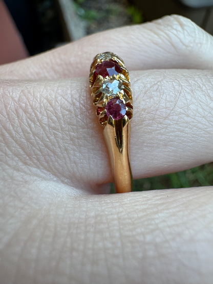 Antique Australian Wendt 18ct yellow gold five stone 0.33ct TCW natural old cut ruby and rose cut diamond ring
