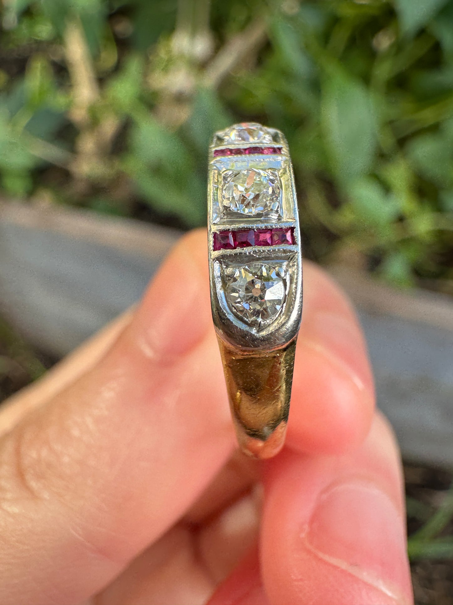Antique 18ct yellow gold and platinum seven stone 0.73ct old cut diamond ring with 24 accent calibre cut rubies