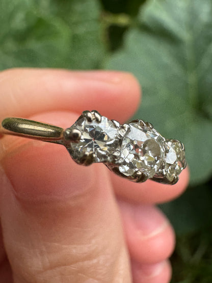 Vintage English 18ct yellow gold three stone 0.86ct TCW old mine cut diamond ring