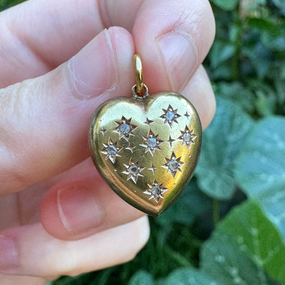 Antique English Victorian 15ct yellow gold rose cut diamond starset heart pendant