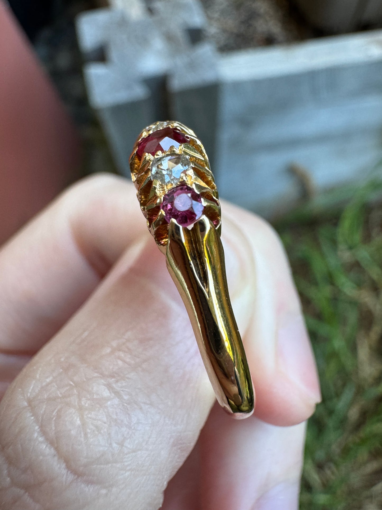 Antique Australian Wendt 18ct yellow gold five stone 0.33ct TCW natural old cut ruby and rose cut diamond ring