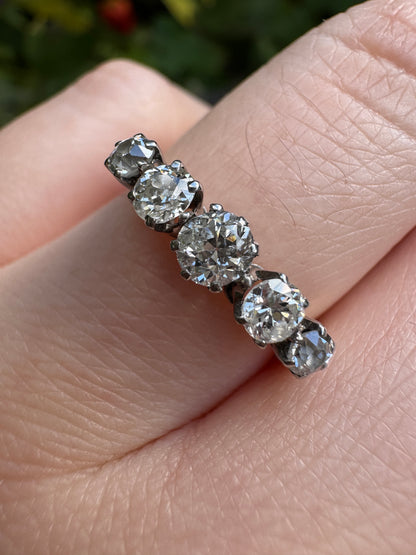 Antique English 18ct gold old cut diamond five stone ring