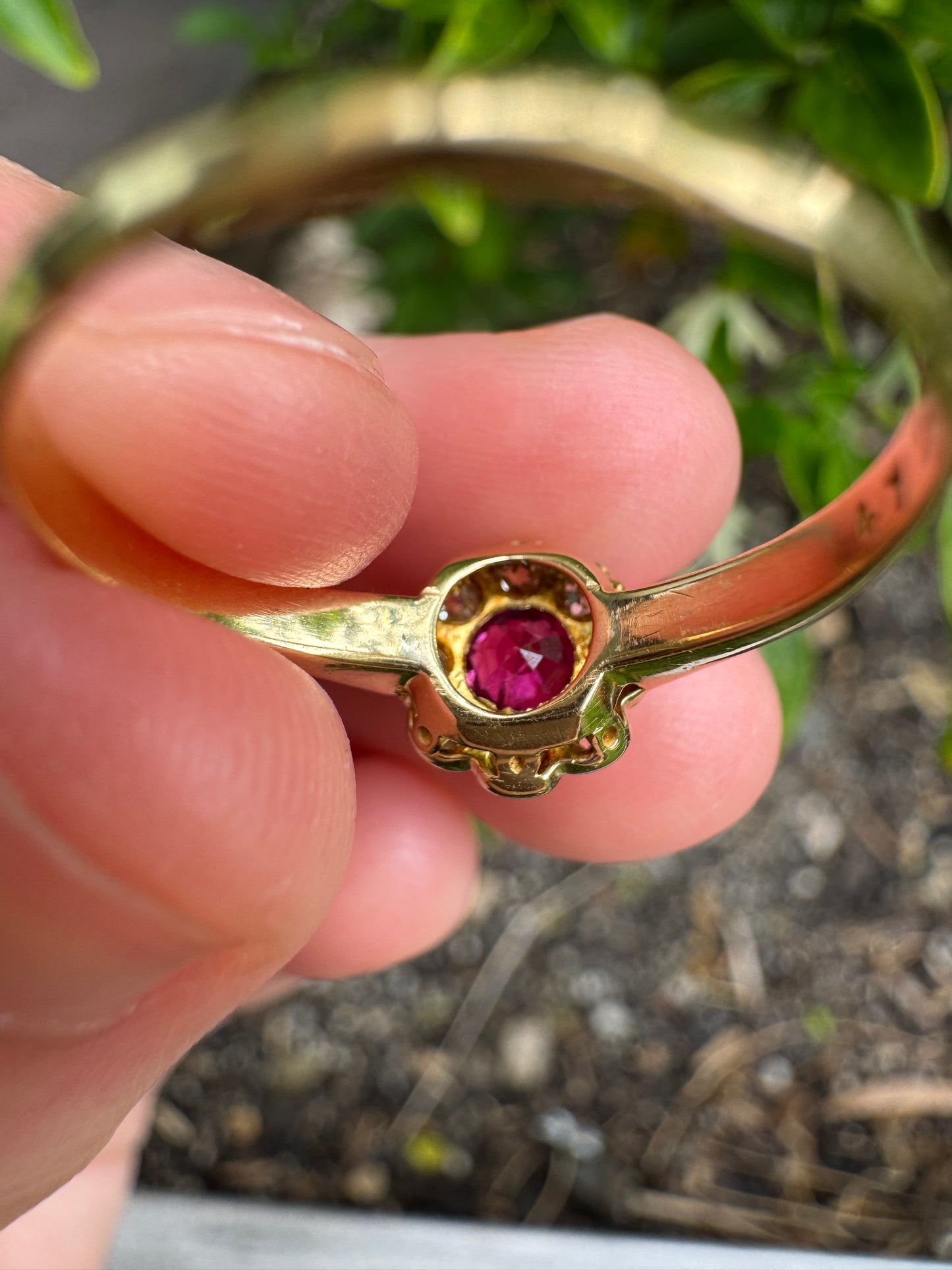 Vintage 18ct yellow gold 0.24ct natural ruby and 0.17ct TCW old single cut diamond daisy cluster ring