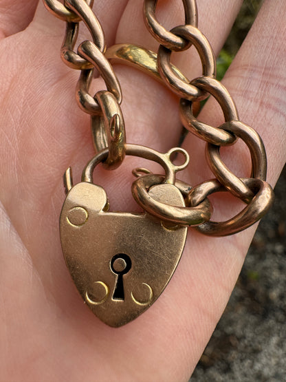 Antique 9ct rosy yellow gold heart padlock bracelet, 18cm / 7.1 inches long