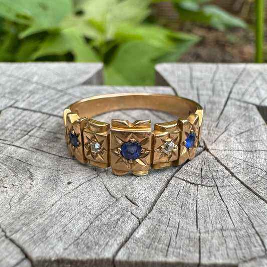 Vintage 18ct yellow gold five stone old cut sapphire and diamond starset gypsy ring