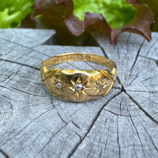 Antique 18ct yellow gold three stone rose cut diamond starset gypsy ring