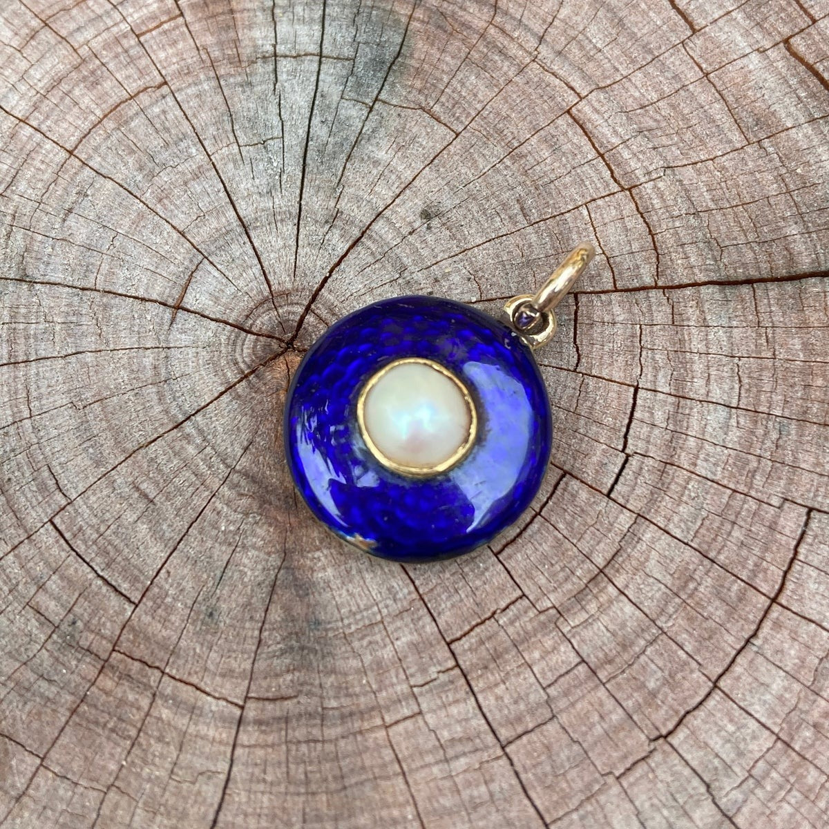 Vintage 9ct gold split pearl and blue enamel pendant