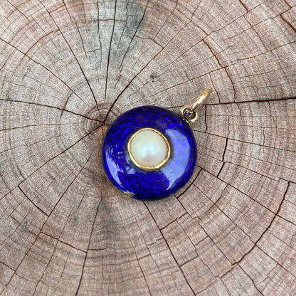 Vintage 9ct gold split pearl and blue enamel pendant