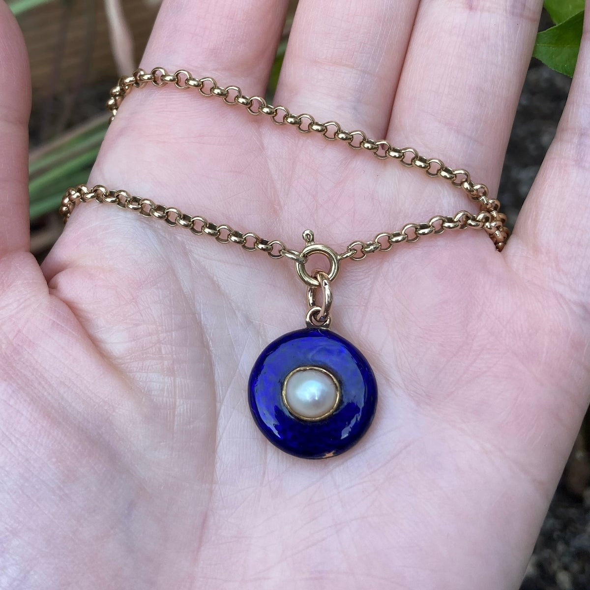 Vintage 9ct gold split pearl and blue enamel pendant