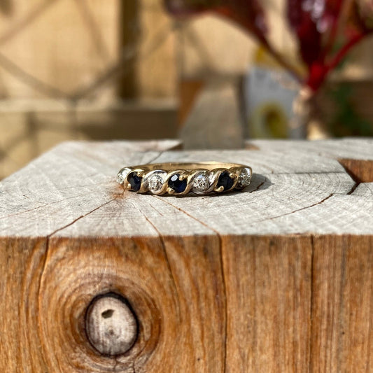 Vintage 9ct yellow gold sapphire and diamond scroll half hoop ring