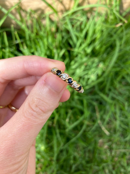 Vintage 9ct yellow gold sapphire and diamond scroll half hoop ring