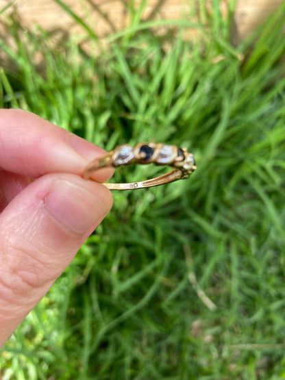 Vintage 9ct yellow gold sapphire and diamond scroll half hoop ring